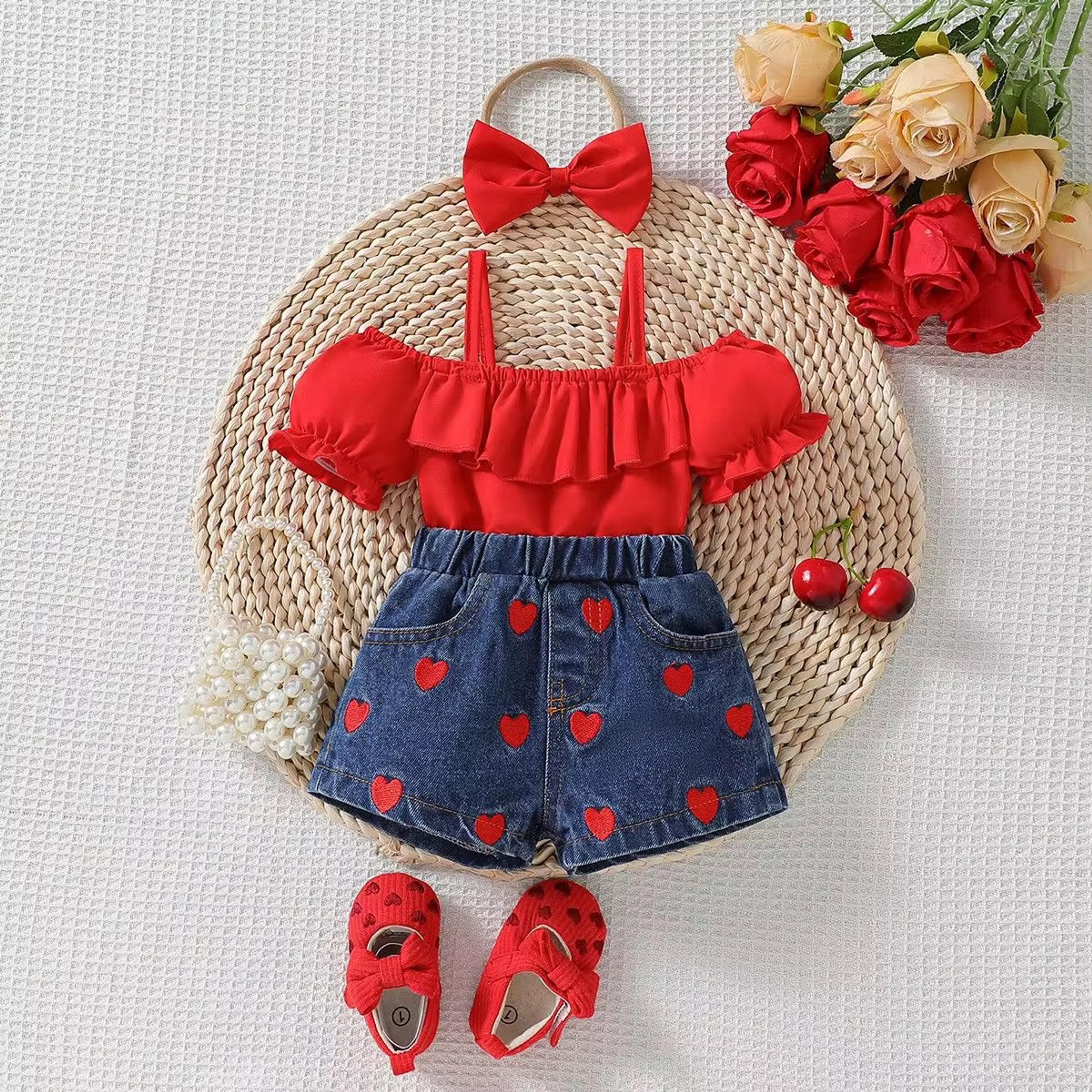 Girls' Ruffle Top & Denim Shorts Set