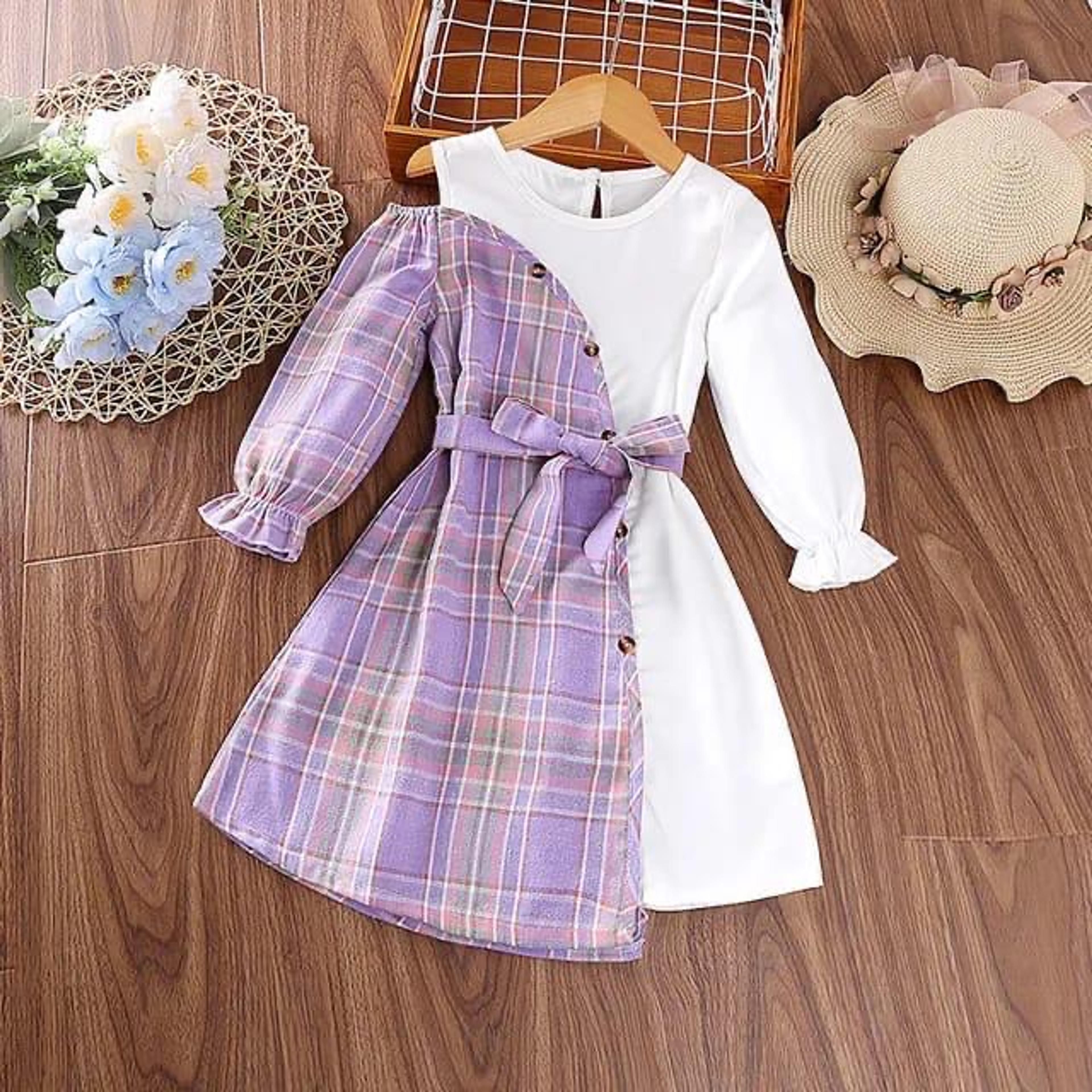 Girls' Lilac Plaid Colour-Block Dress
