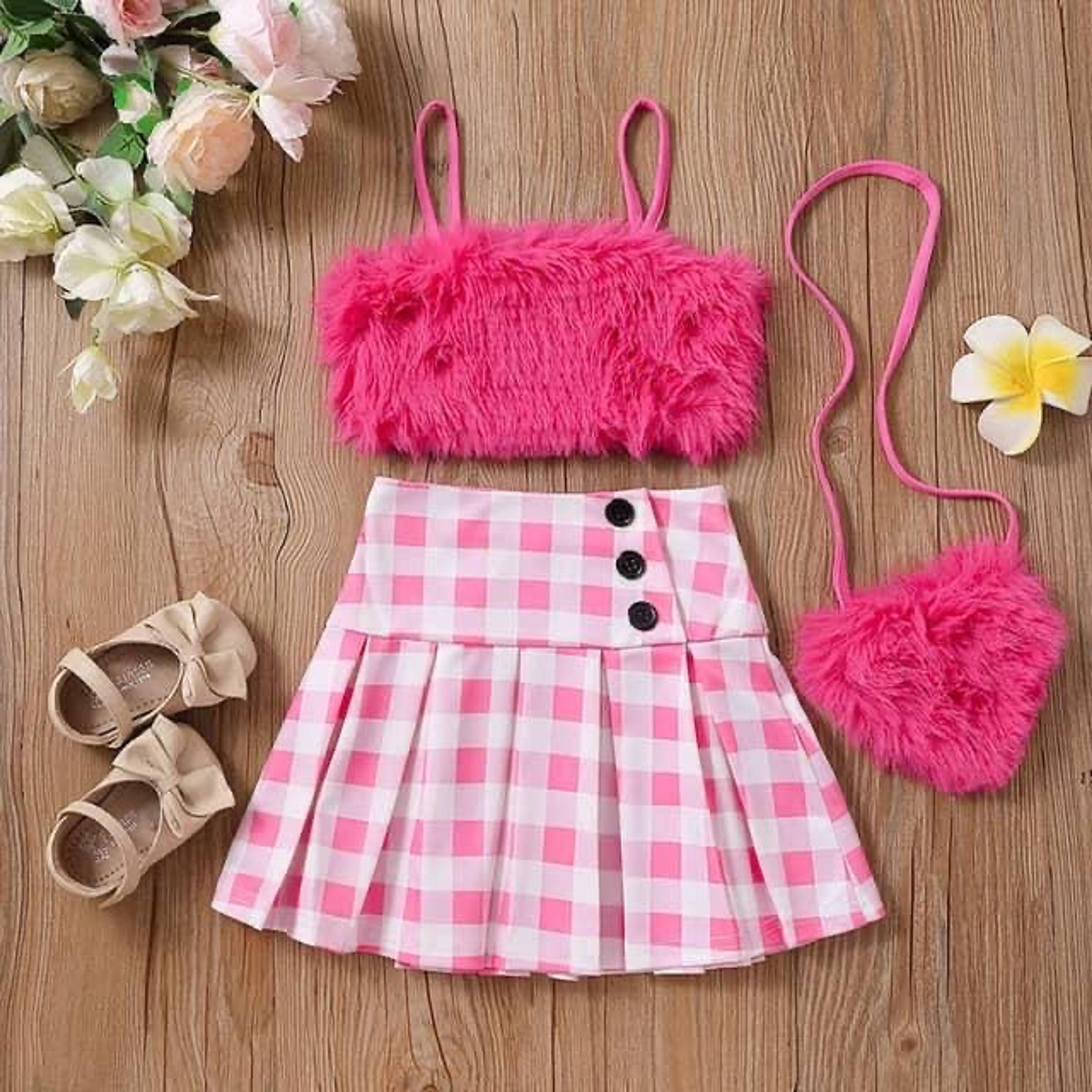 Girls' Fuzzy Crop Top & Gingham Skirt Set