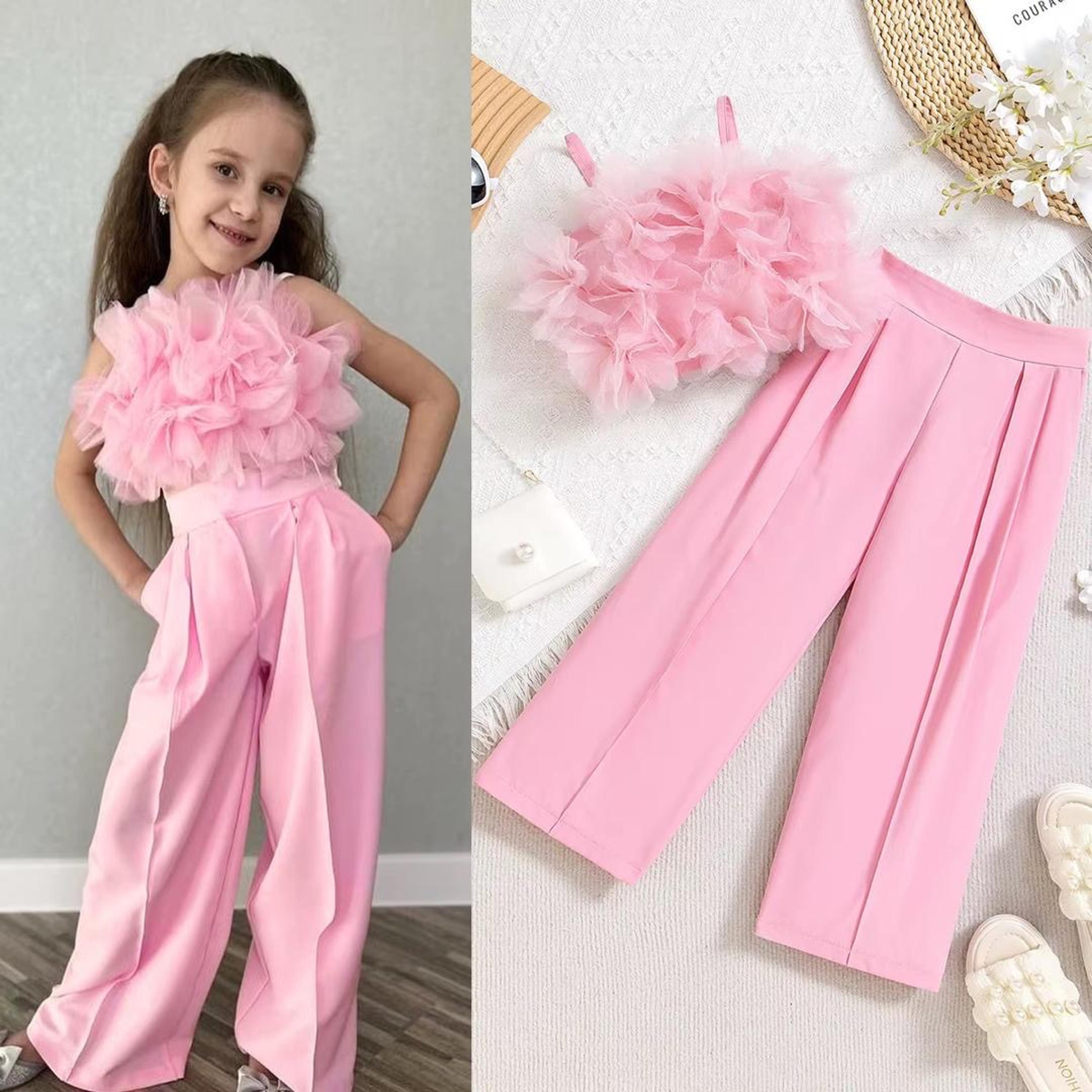 Girls' Ruffle Top & Wide-Leg Trousers Set