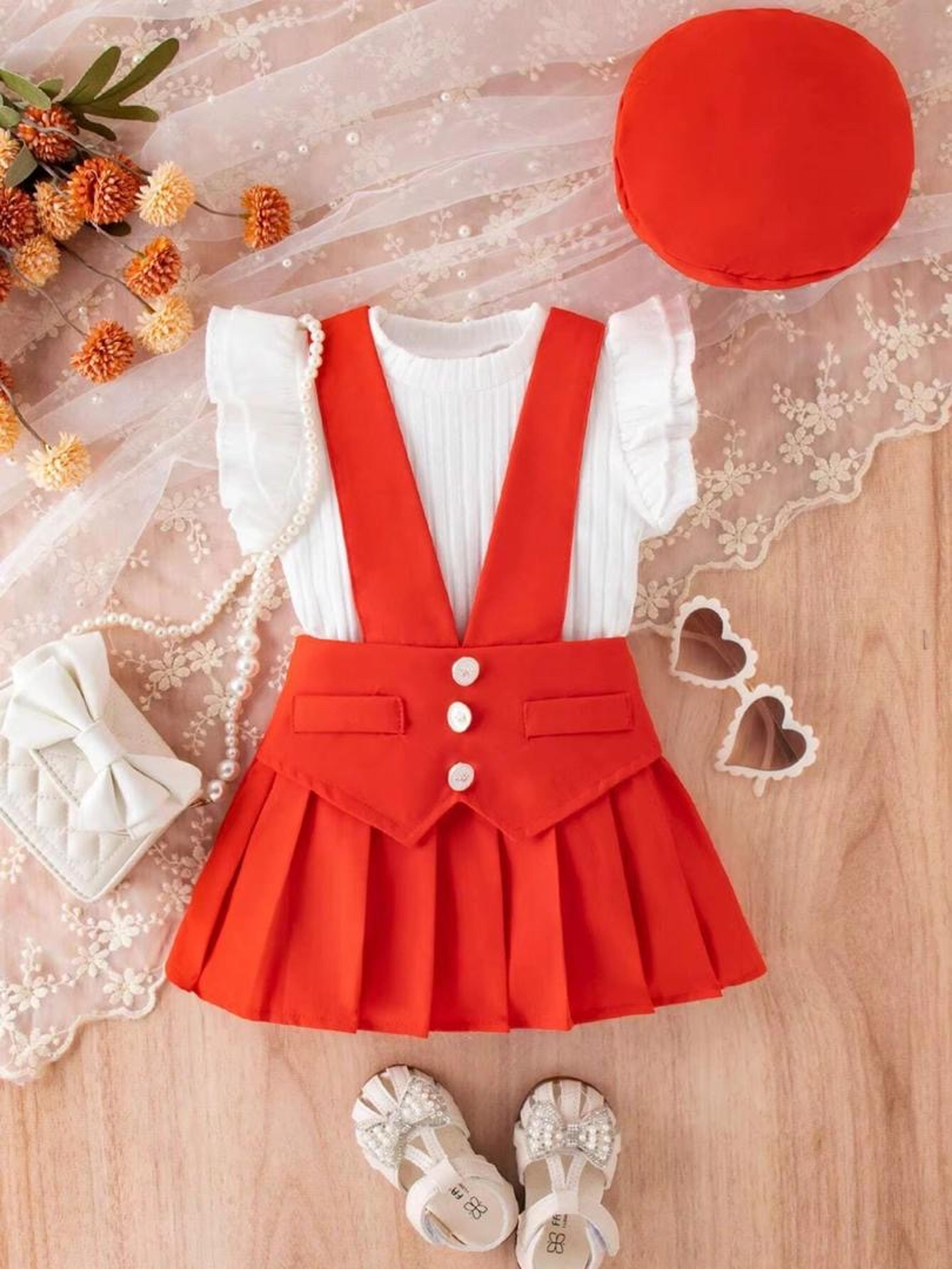 Girls' Ruffle Blouse & Suspender Pleated Skirt Set