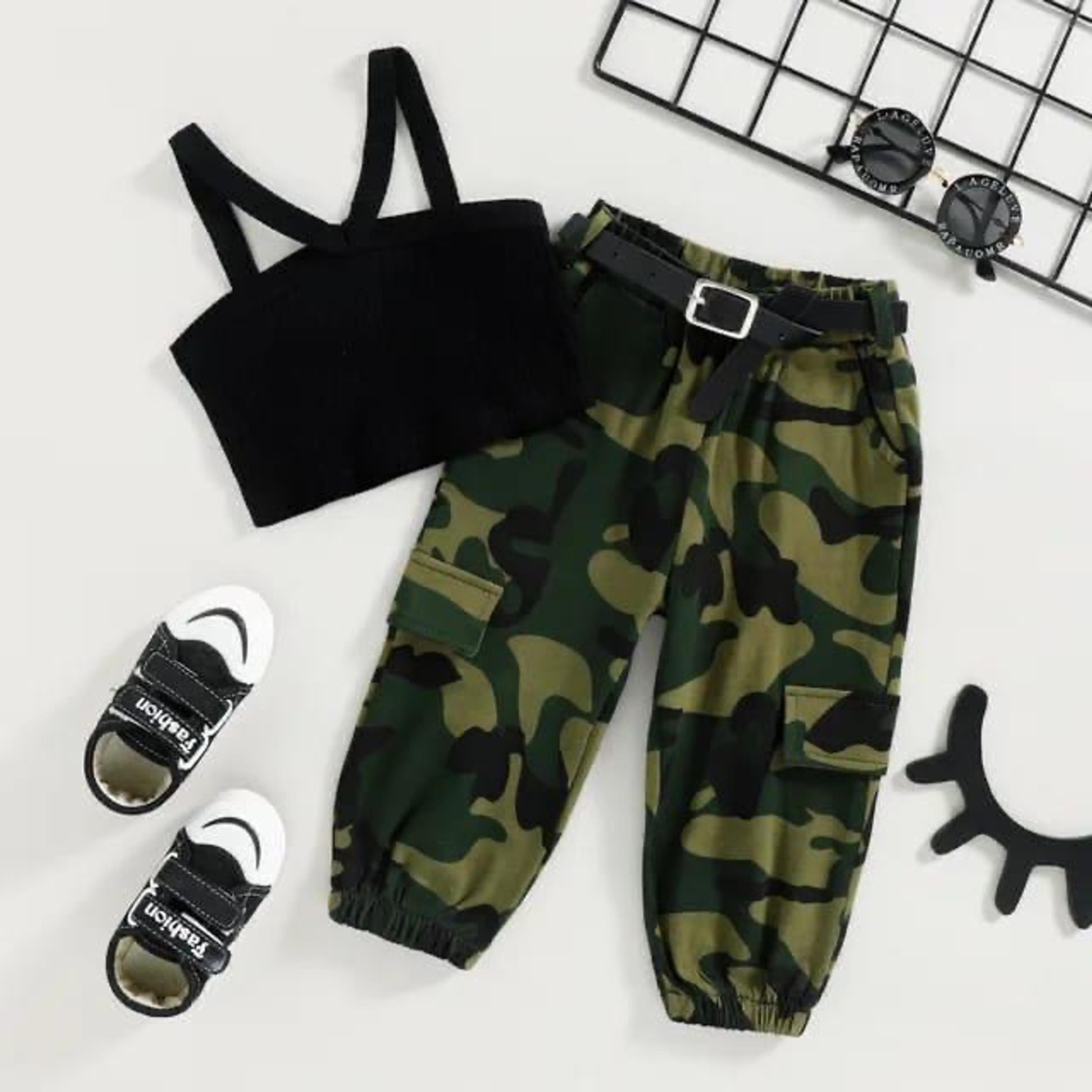Girls' Black Crop Top & Camouflage Cargo Pants Set