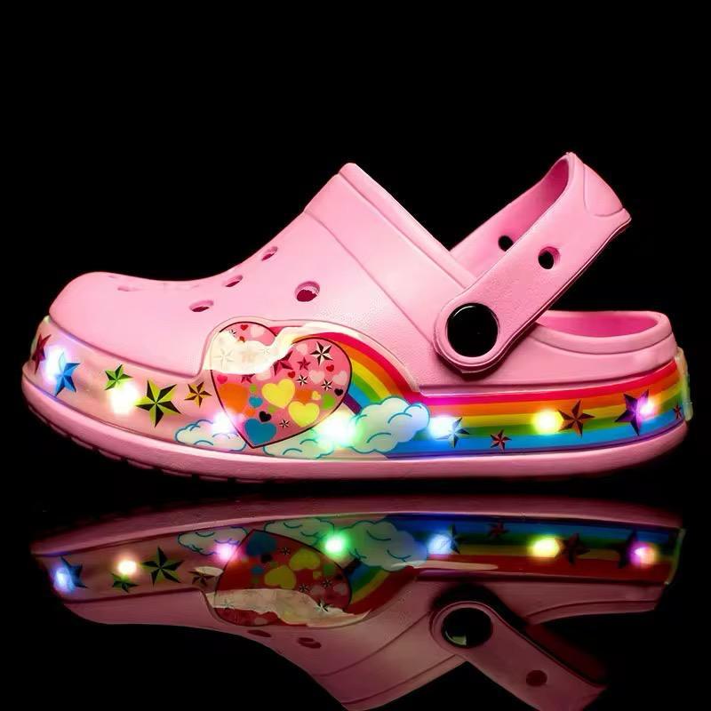 Girls' Pink Light-Up Clogs – Rainbow & Heart Design