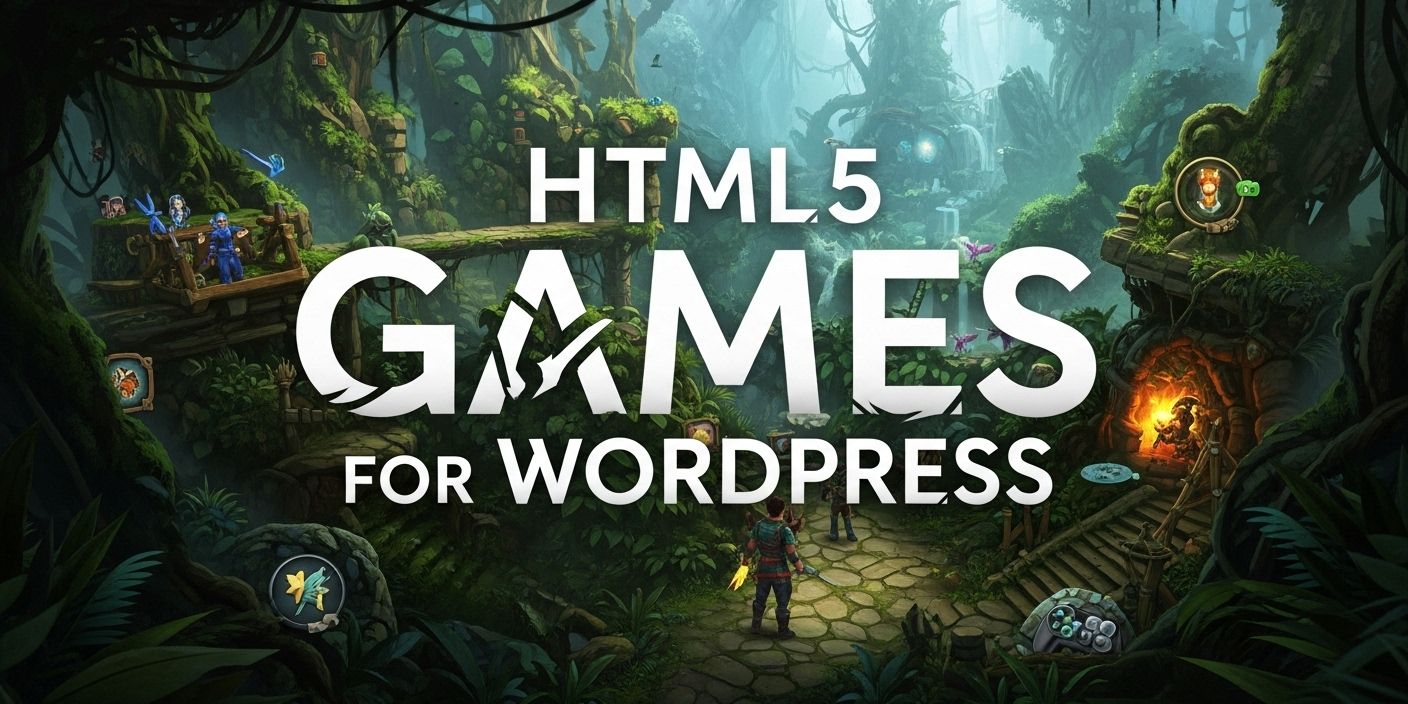 a poster for html5 games for wordpress with a jungle scene in the background .