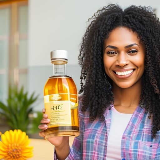 A woman smiling while holding a bottle of HHC oil