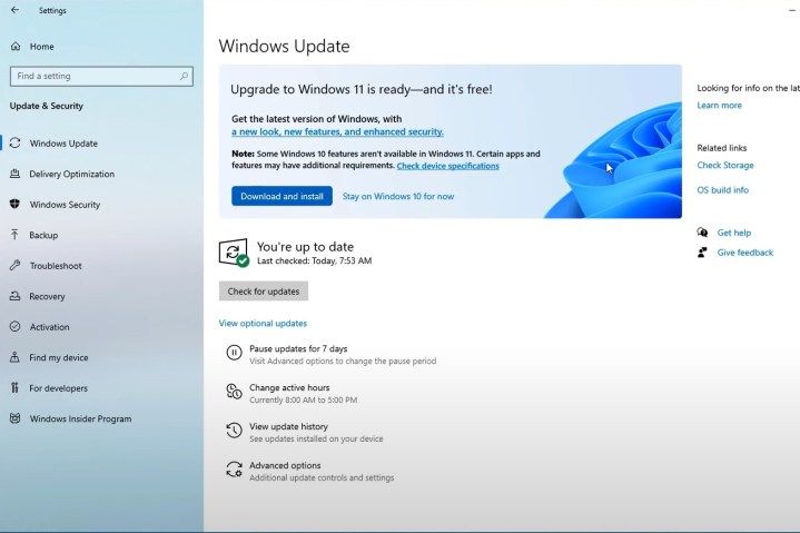 A Windows 11 frissítés elérhető oldala.