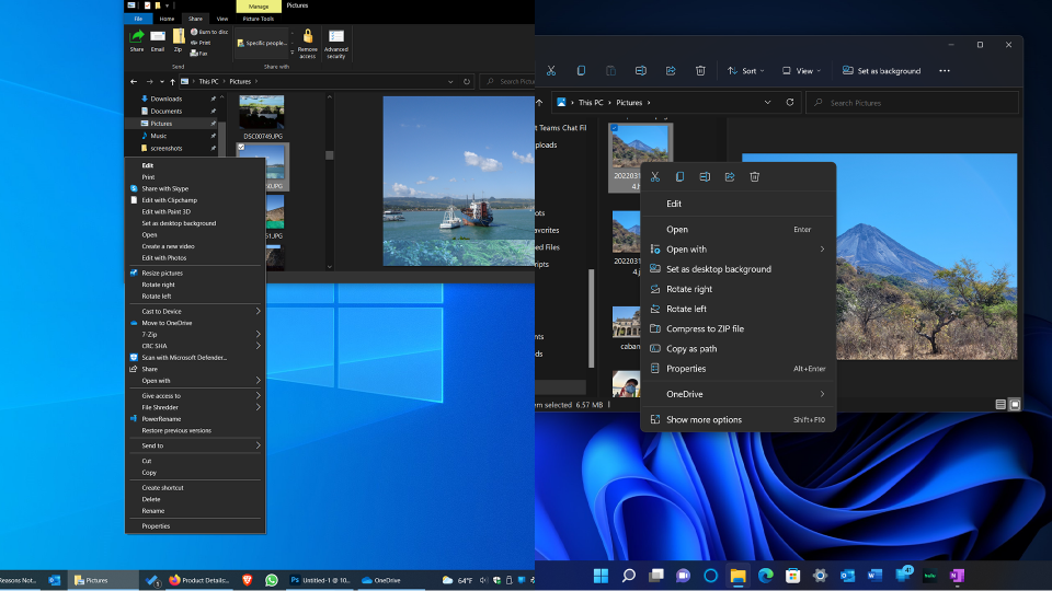 File Explorer context menu Windows 10 vs. Windows 11