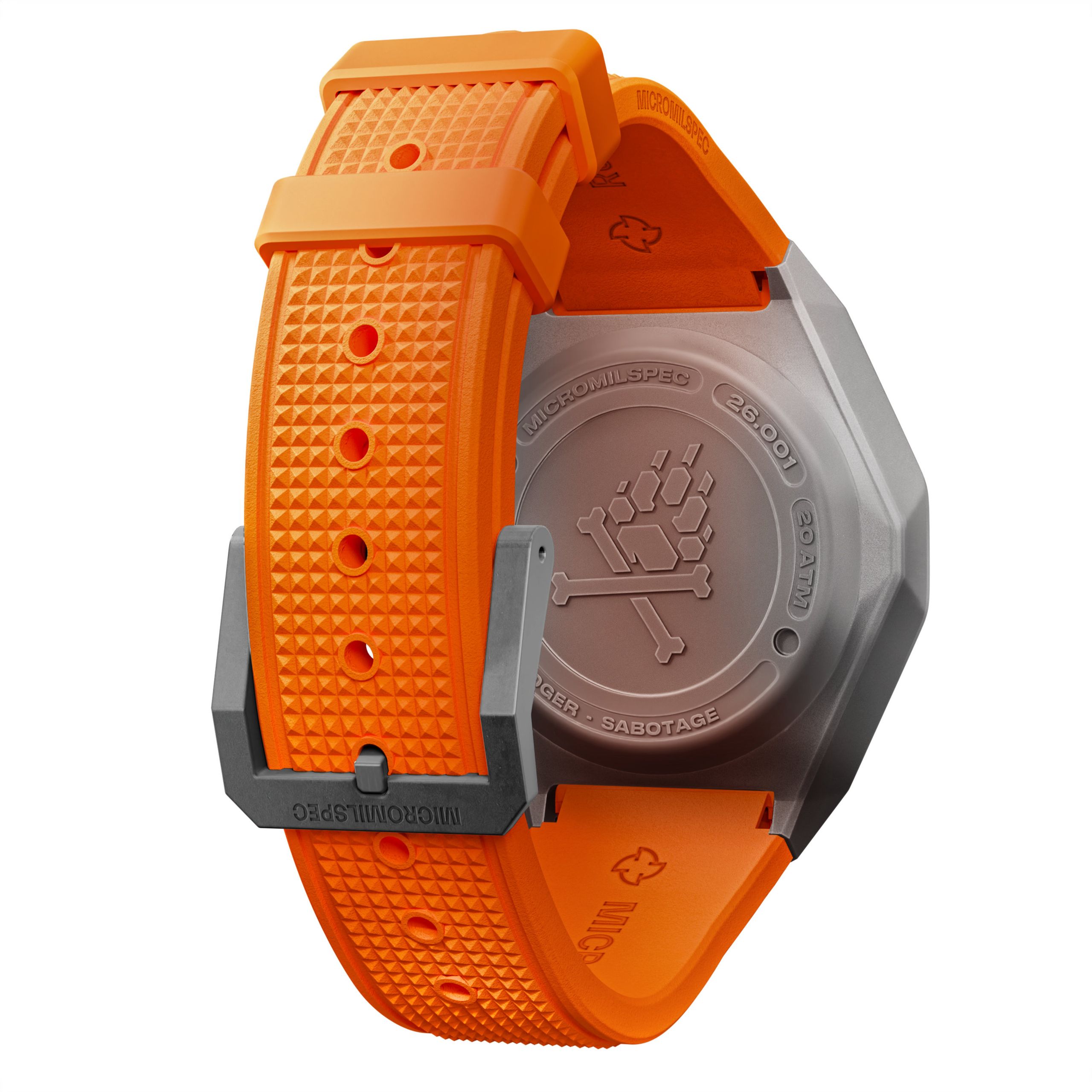 black badger with orange rubber strap, back view