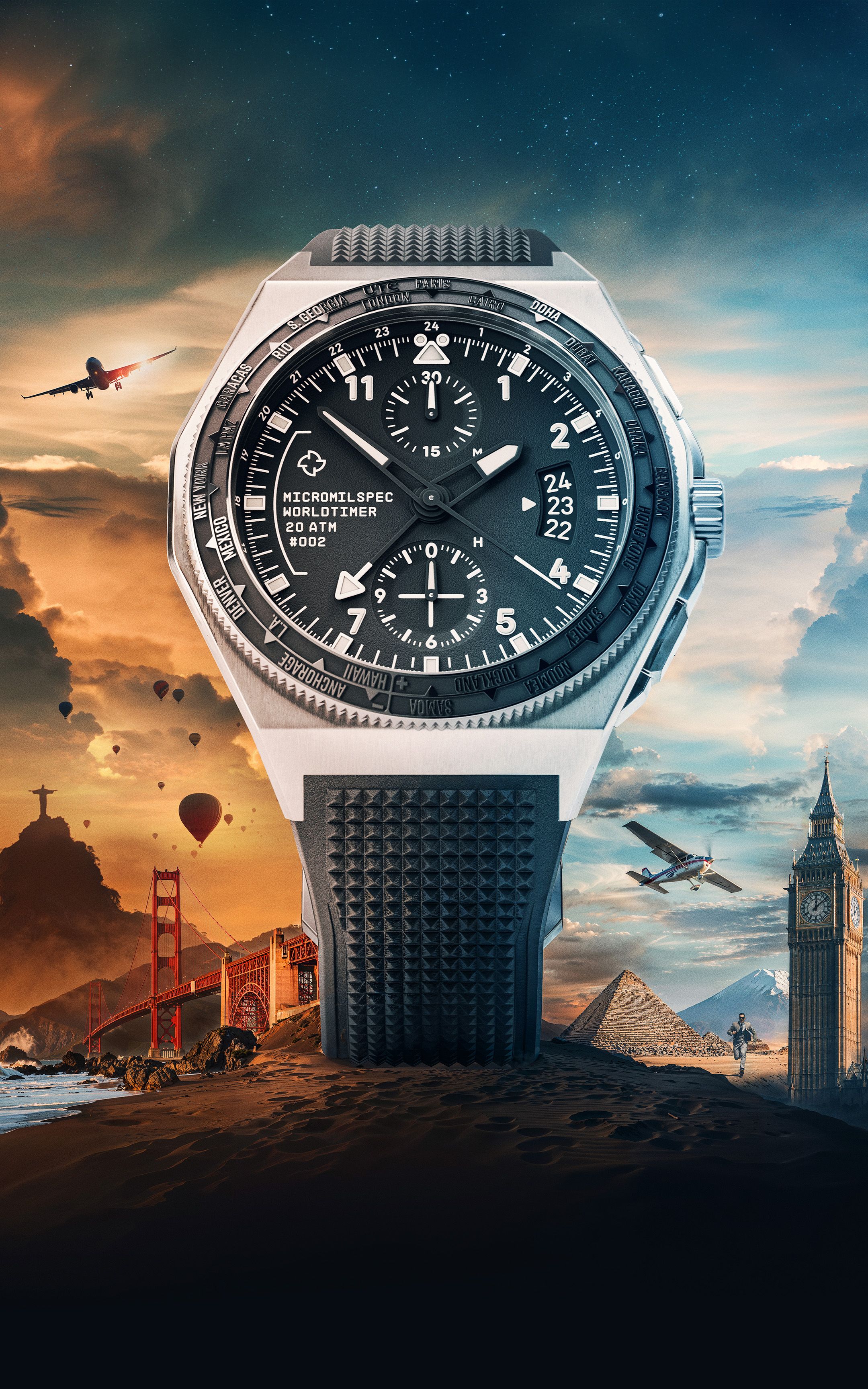 ミリタリー WORLD MISSION SERIES NO. 8 U.S. PILOT Pilot Worldtimer — Titanium Worldtimer Chronograph | Micromilspec