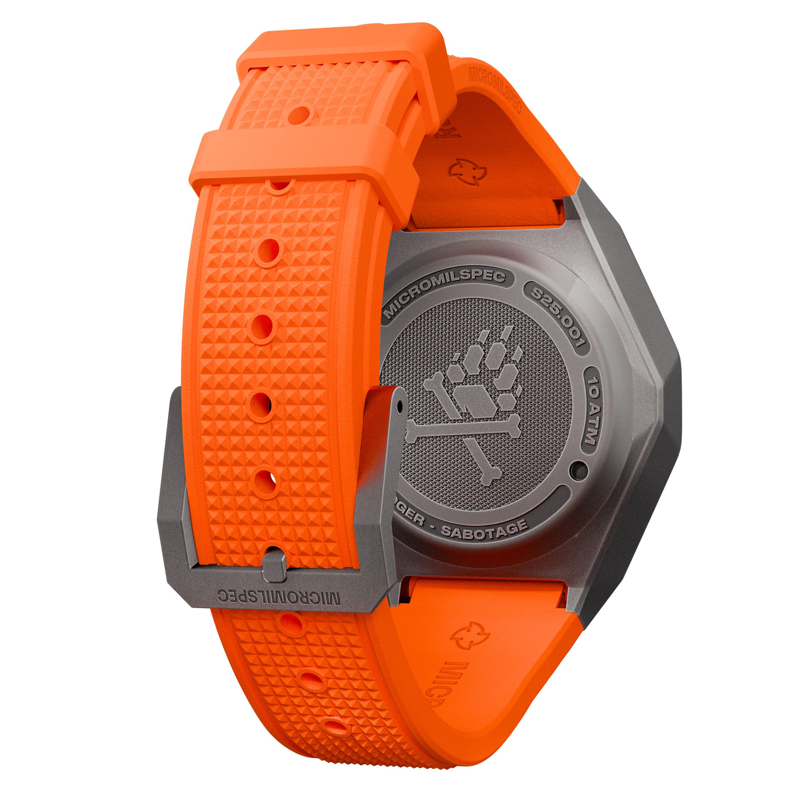 black badger with orange rubber strap, back view
