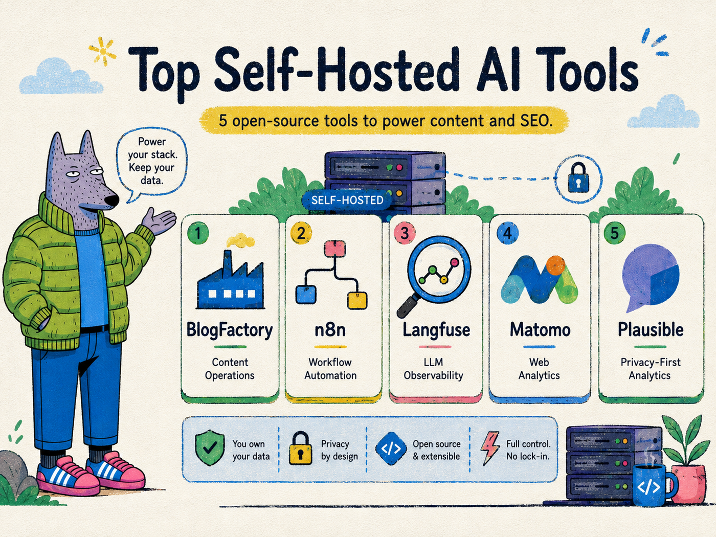 Top self-hosted AI tools for content and SEO including BlogFactory, n8n, Langfuse, Matomo and Plausible.