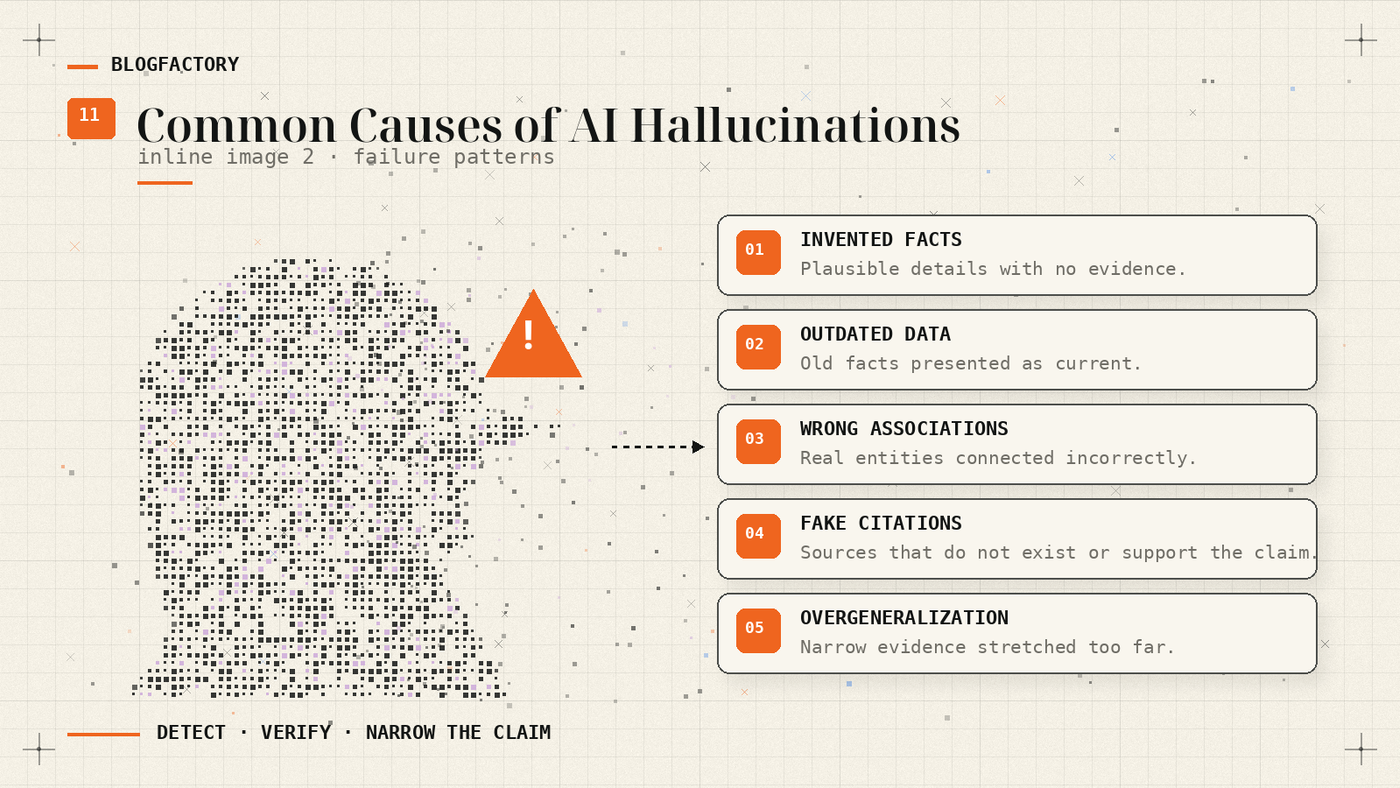 Illustration listing common AI hallucination causes including invented facts, outdated data, wrong associations, fake citations, and overgeneralization.