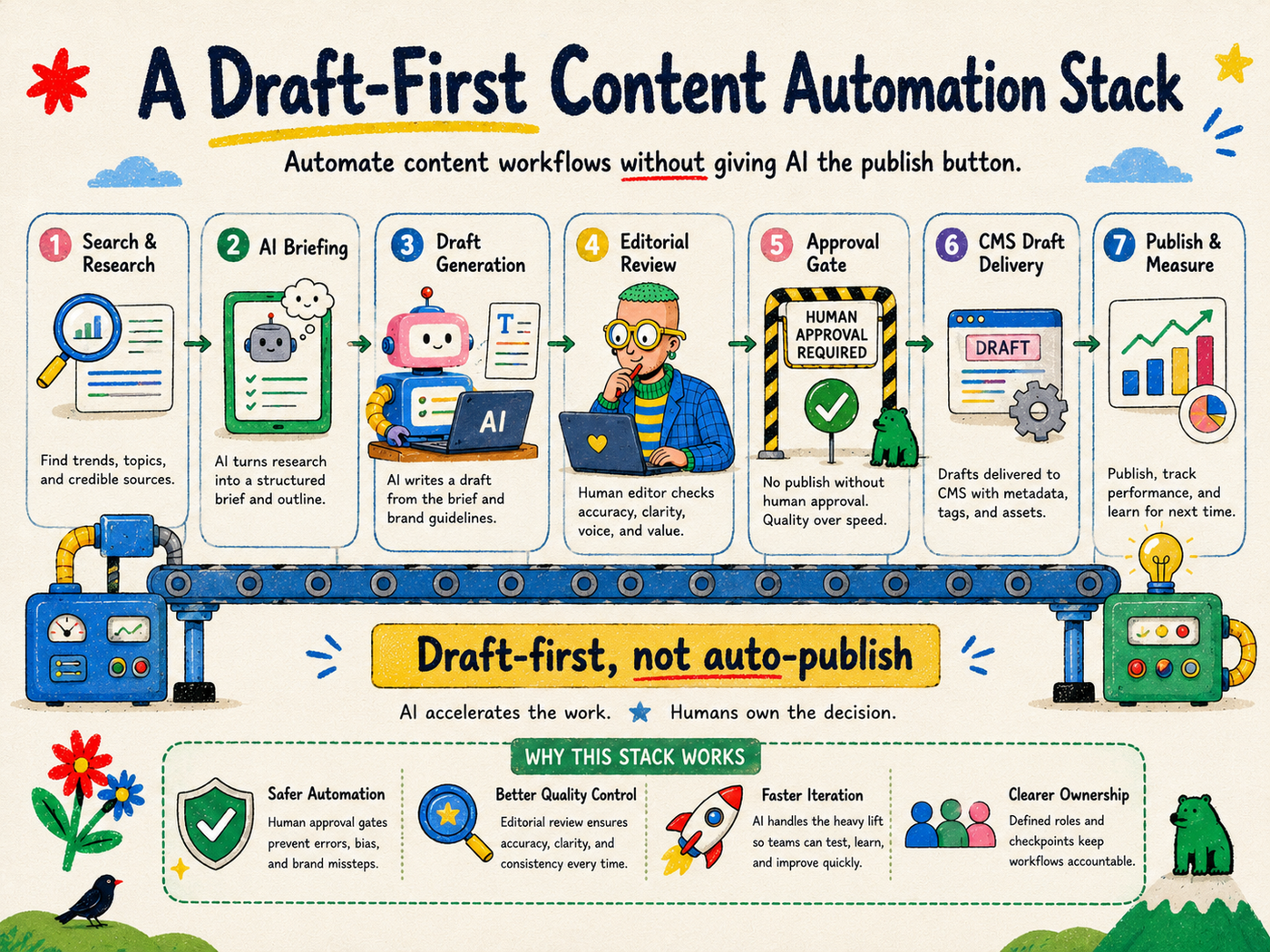 Draft-first content automation stack from research and AI briefing to editorial review, approval, CMS draft delivery and measurement.