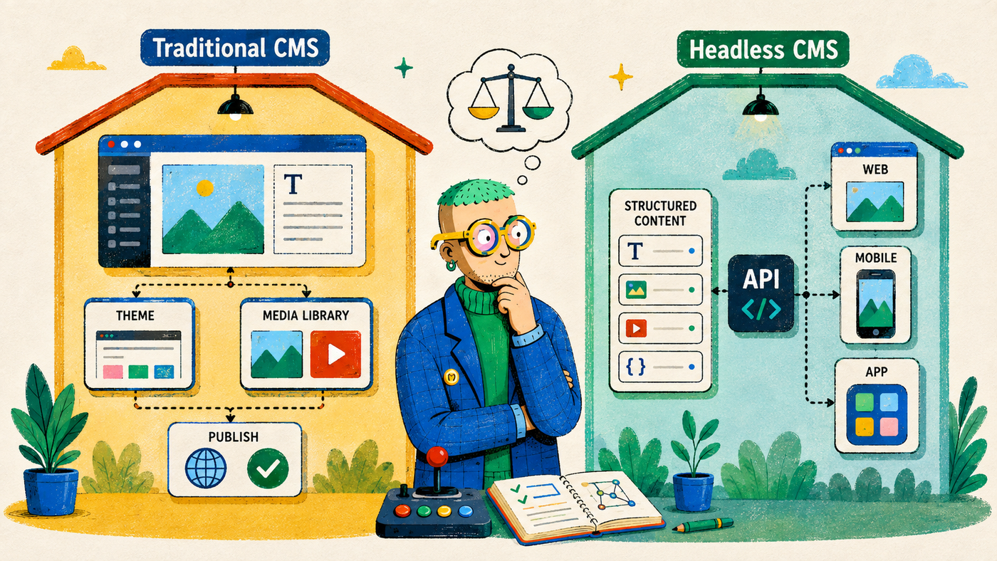 Traditional CMS and headless CMS architecture comparison showing monolithic and API-first publishing models.