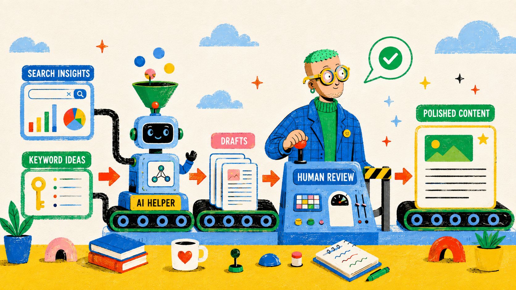 Illustrated AI SEO production line connecting search insights, drafting, review and polished content.