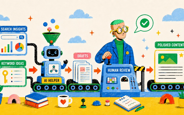 Illustrated AI SEO production line connecting search insights, drafting, review and polished content.