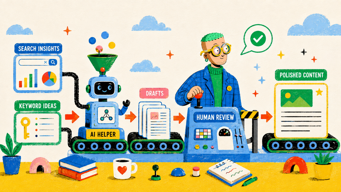 Illustrated AI SEO production line connecting search insights, drafting, review and polished content.