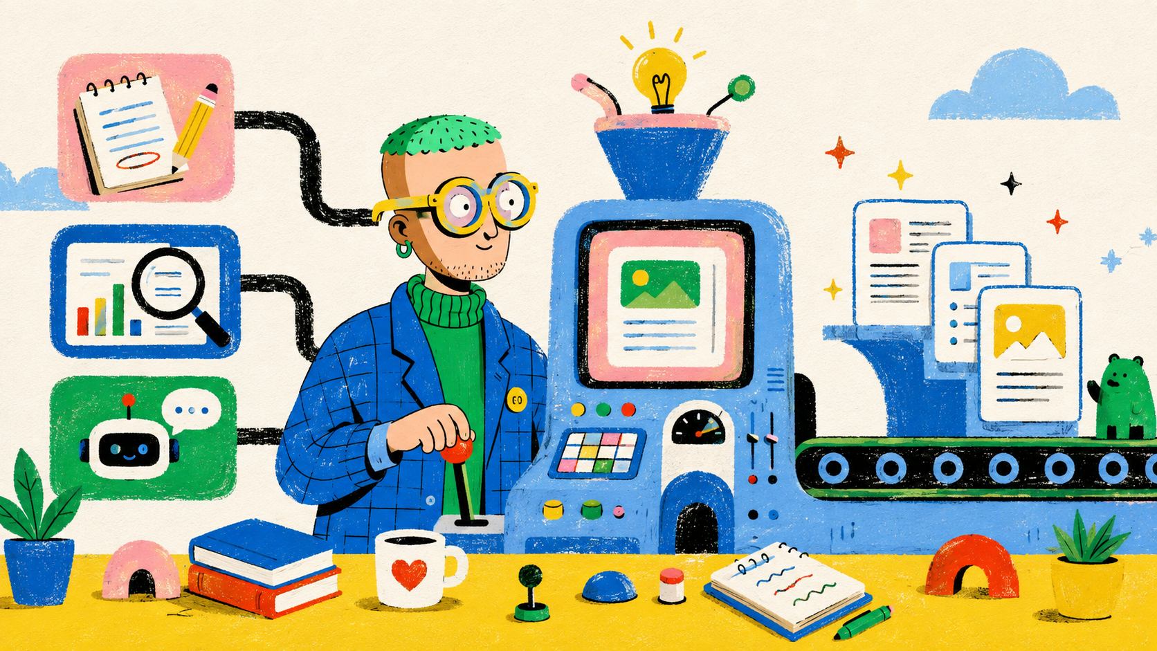 Illustrated BlogFactory content operations workspace connecting source evidence, AI drafting, SEO review, human approval and CMS draft delivery.