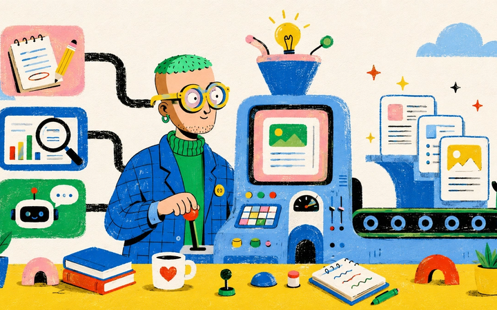 Illustrated BlogFactory content operations workspace connecting source evidence, AI drafting, SEO review, human approval and CMS draft delivery.