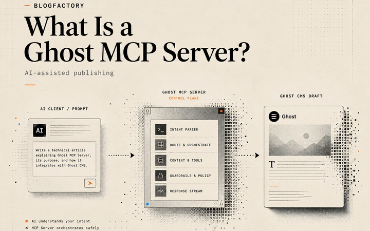 Editorial diagram showing an AI client passing a controlled publishing request through a Ghost MCP server into a Ghost CMS draft.