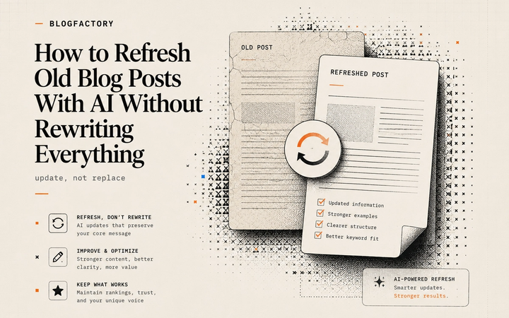 Cover art illustrating an AI-assisted refresh cycle for an existing blog post.
