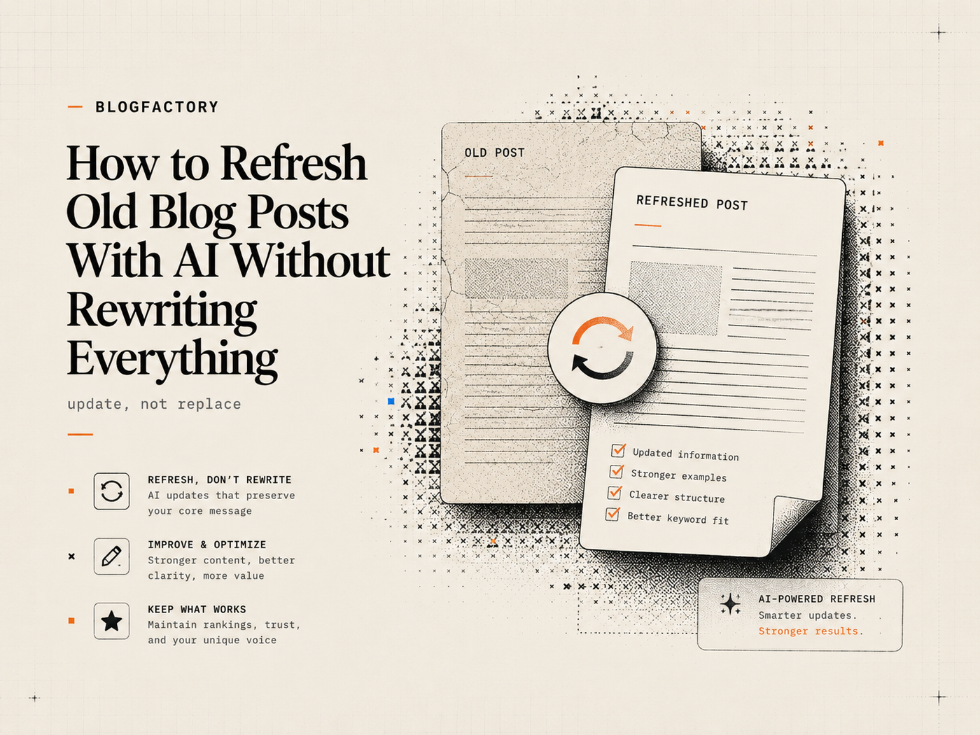 Cover art illustrating an AI-assisted refresh cycle for an existing blog post.