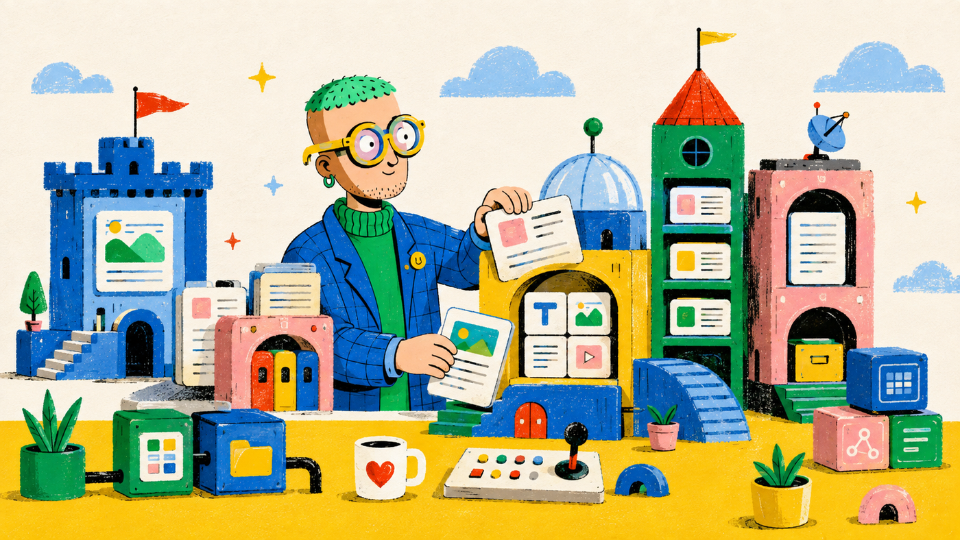 Playful modular content city representing open-source CMS platforms and structured content systems.