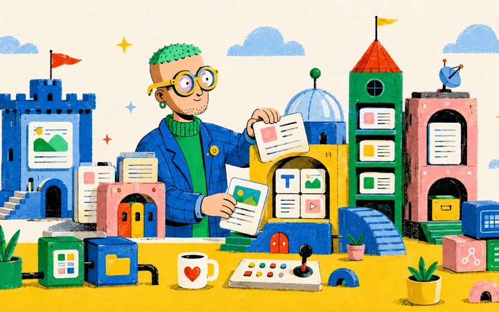Playful modular content city representing open-source CMS platforms and structured content systems.