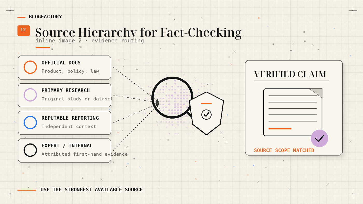 Source hierarchy diagram routing official documents, primary research, reputable reporting, and expert evidence into a verified claim.
