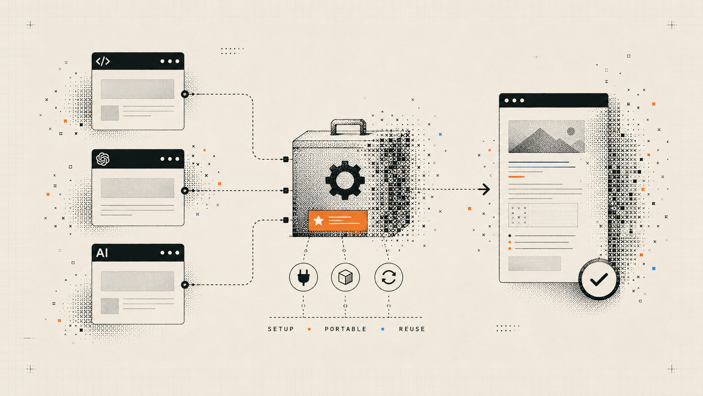 Modular workflow infographic comparing reusable AI content modules before a verified publishing output.