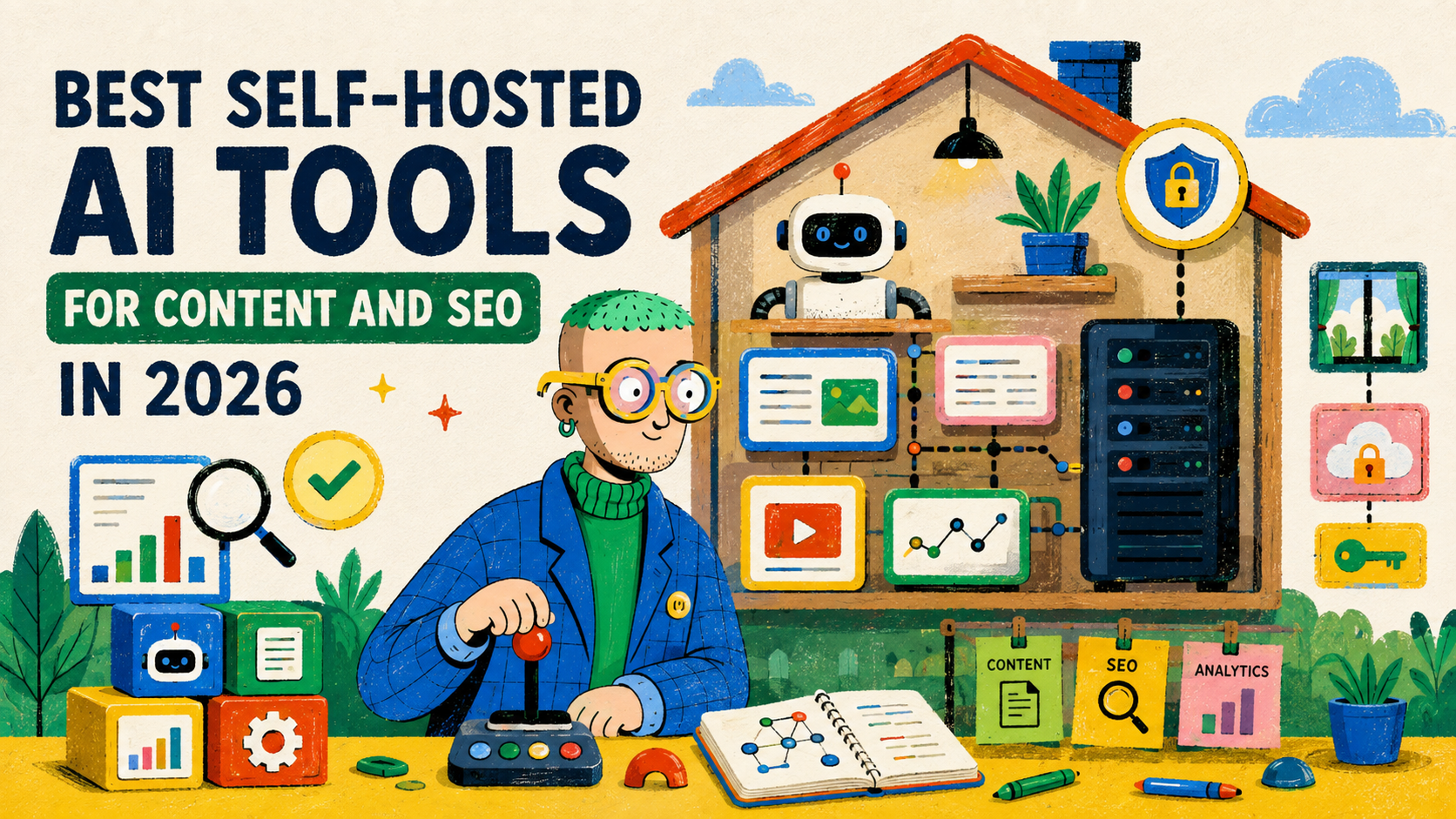 Illustrated self-hosted AI workspace with local infrastructure, content tools, analytics and privacy controls.