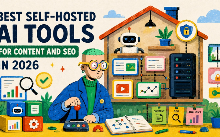 Illustrated self-hosted AI workspace with local infrastructure, content tools, analytics and privacy controls.