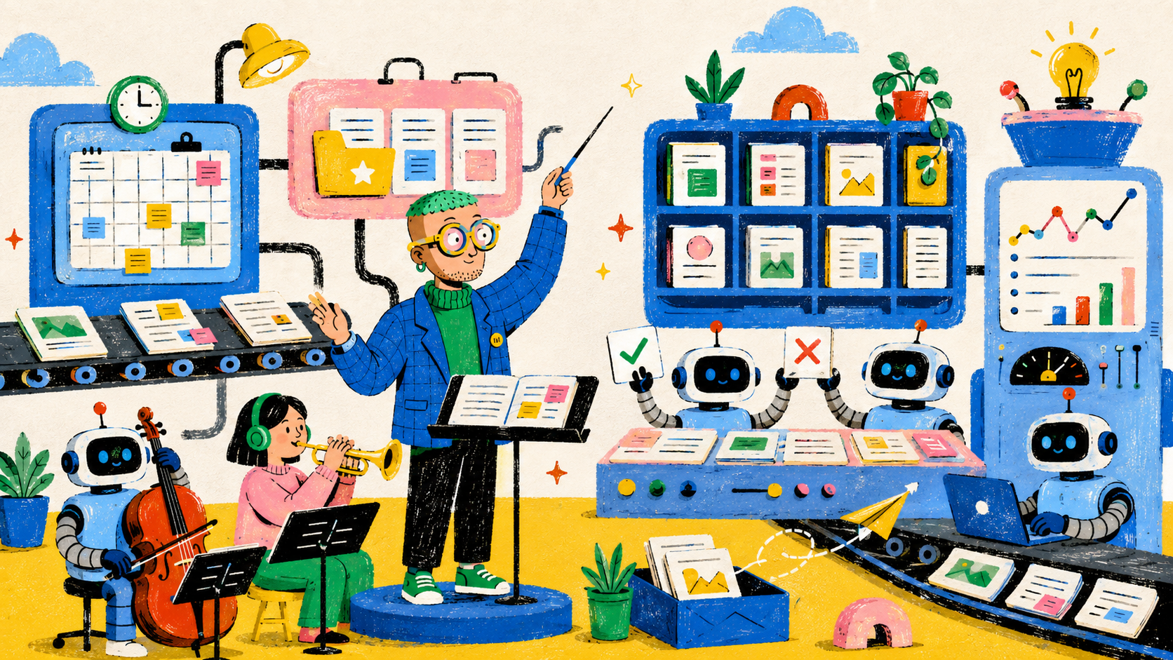 Illustrated content operations orchestra coordinating planning, production, review, distribution and measurement.