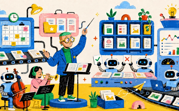 Illustrated content operations orchestra coordinating planning, production, review, distribution and measurement.