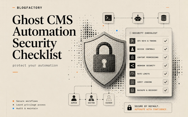 Cover illustration of a Ghost CMS automation security checklist with a shield, lock, roles, and protected credentials.