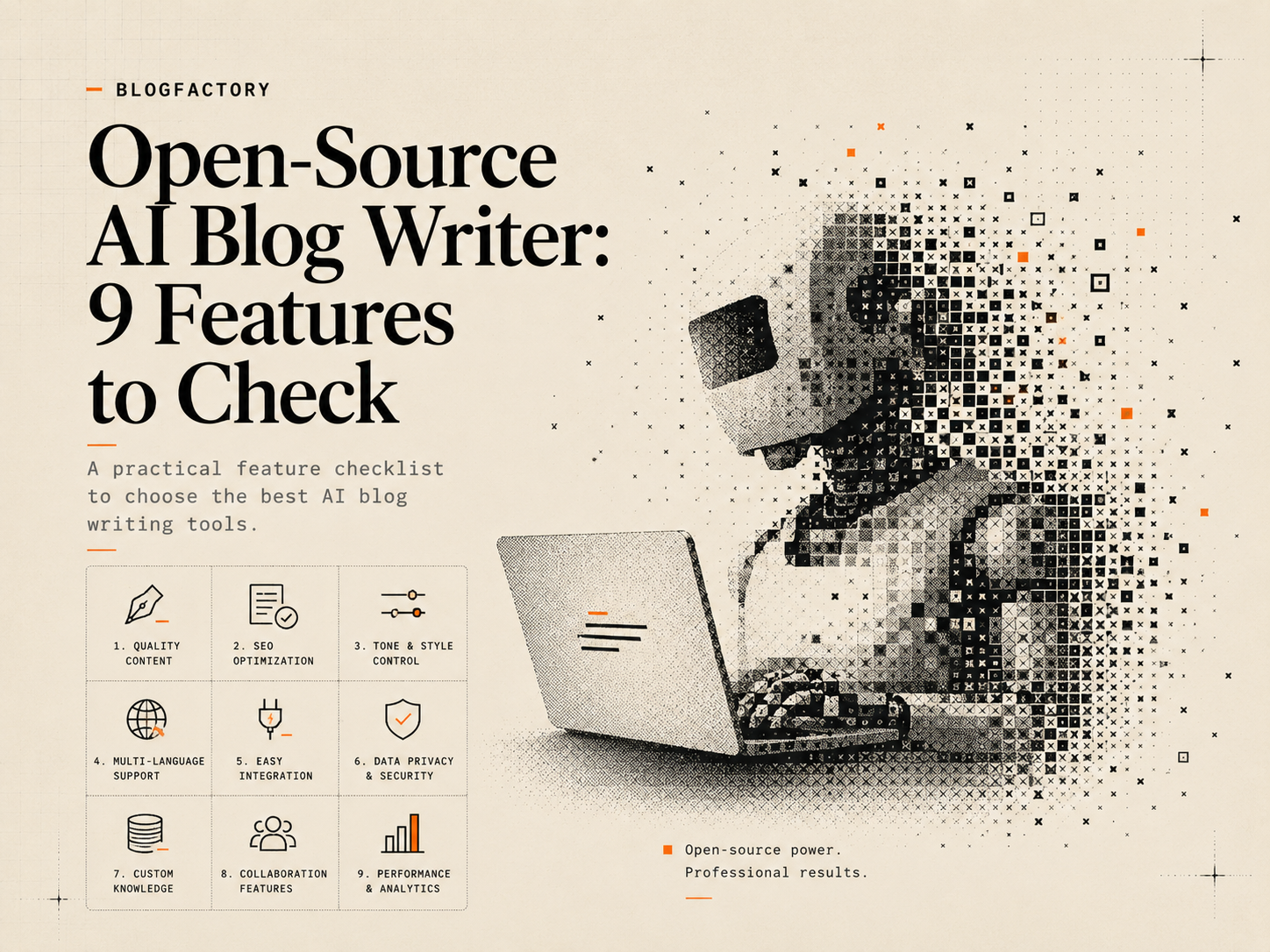 Cover artwork showing an open-source AI blog writer and nine evaluation features.