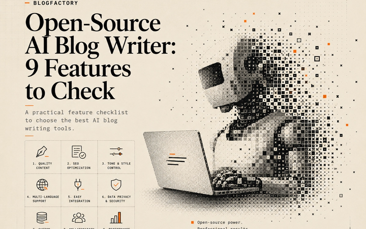 Cover artwork showing an open-source AI blog writer and nine evaluation features.