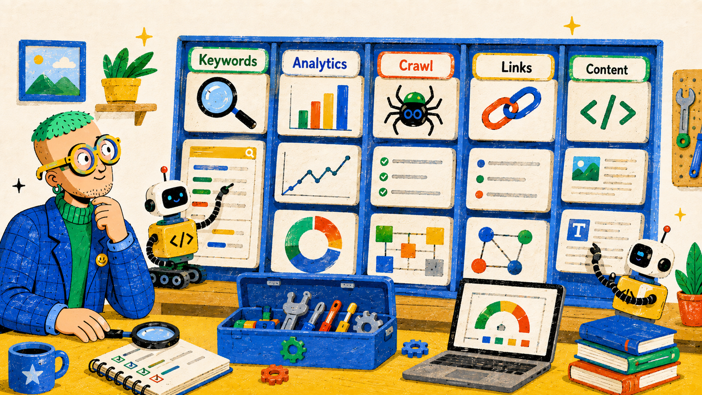 Open-source SEO tools workspace covering keywords, analytics, crawling, links and content operations.
