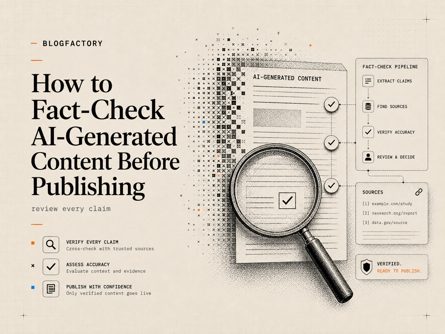 Cover art showing a magnifying glass inspecting claims in AI-generated content.
