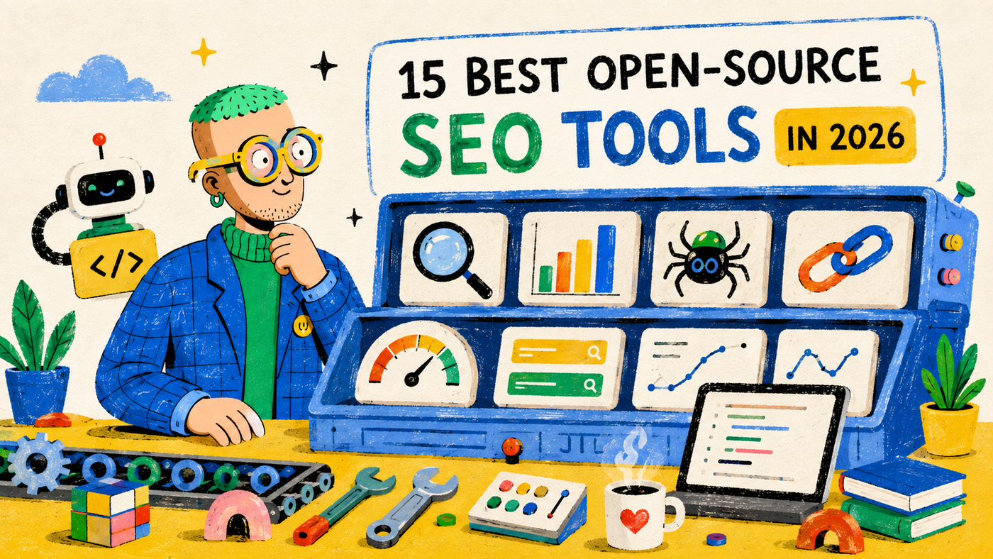 Illustrated open-source SEO workshop with analytics, crawling, search and content operations tools.