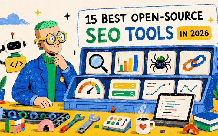 Illustrated open-source SEO workshop with analytics, crawling, search and content operations tools.