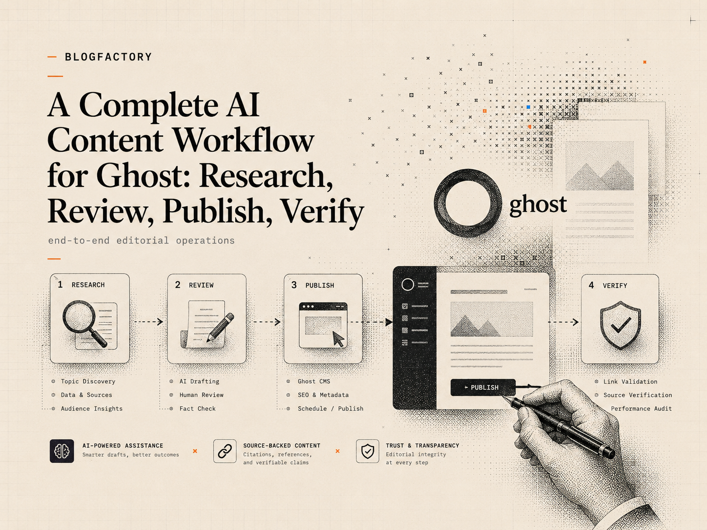 Cover workflow showing research, review, publishing, and verification for AI-assisted Ghost content.