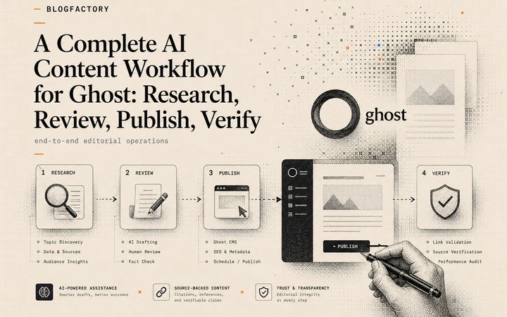 Cover workflow showing research, review, publishing, and verification for AI-assisted Ghost content.