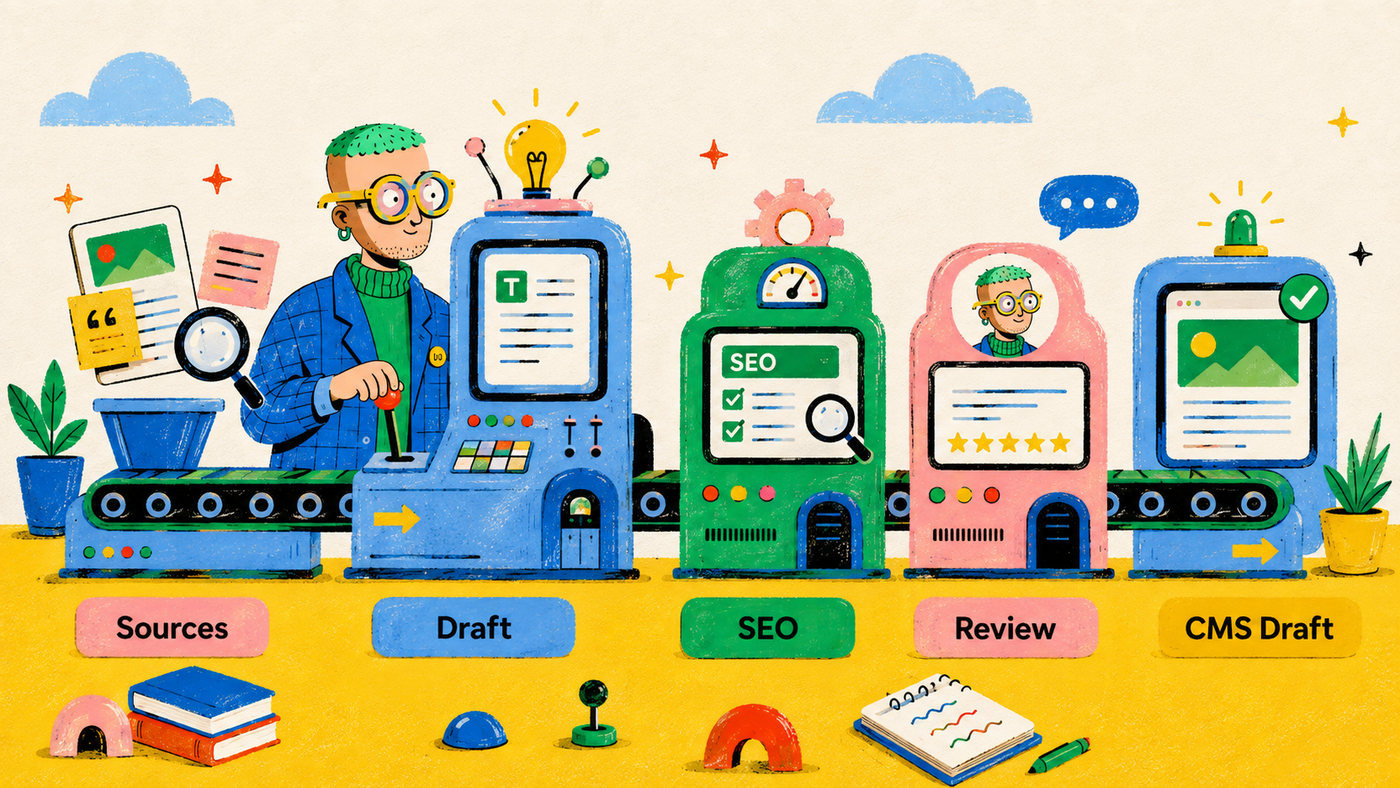 BlogFactory content workflow from sources and AI drafting through SEO review, human approval and CMS draft delivery.