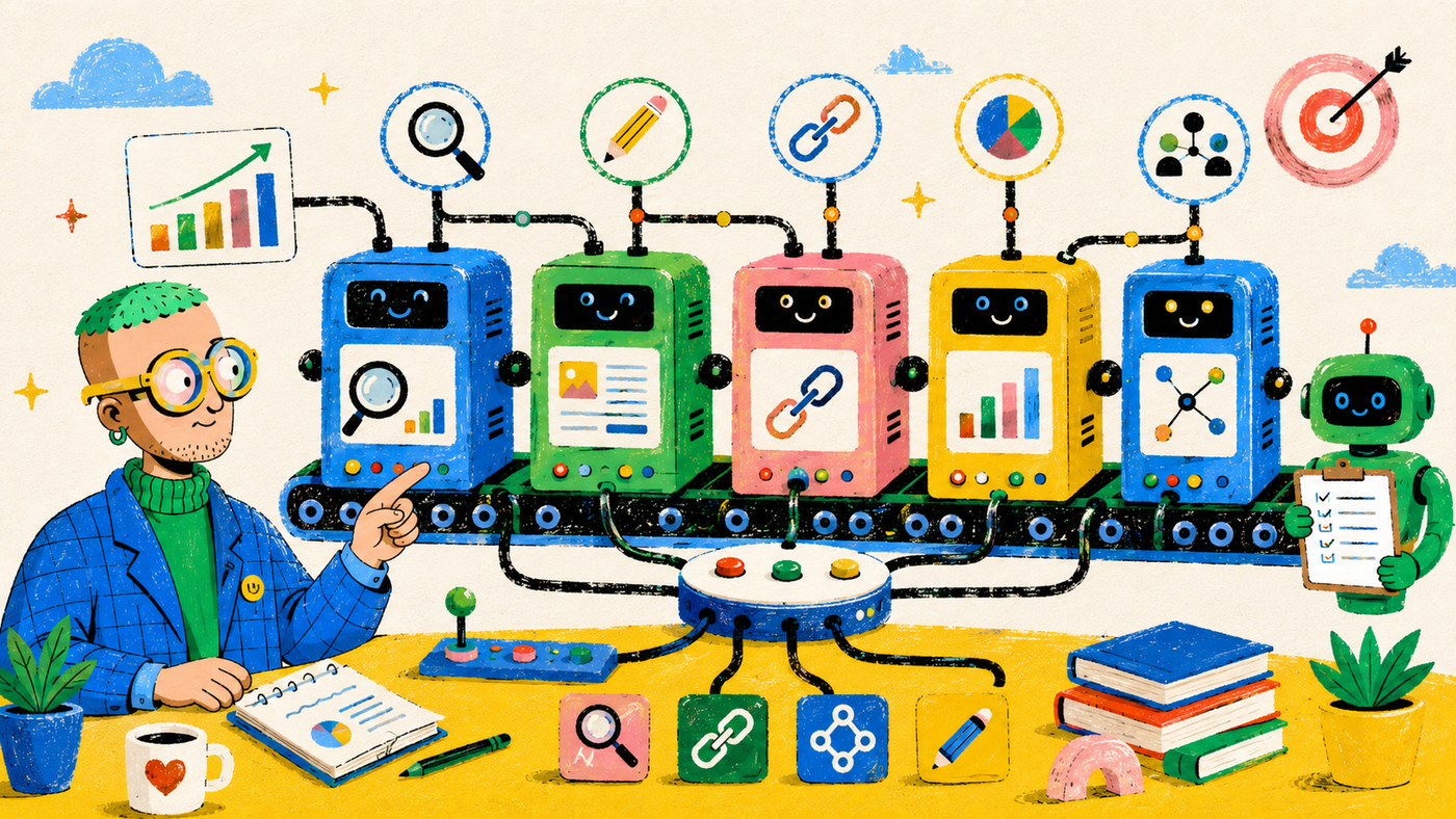 Illustrated analytics control room representing MCP servers for search data, crawling, content operations and publishing.