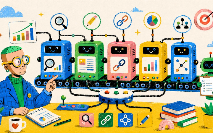 Illustrated analytics control room representing MCP servers for search data, crawling, content operations and publishing.
