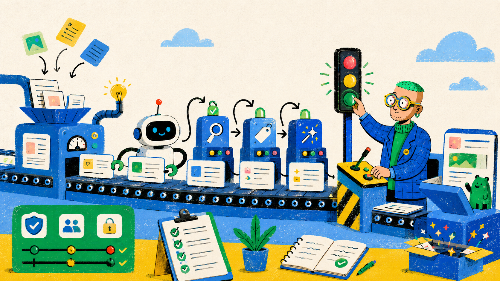Illustrated content automation factory with AI-assisted drafting and controlled human publishing gates.