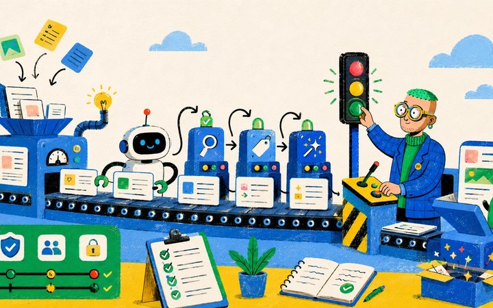 Illustrated content automation factory with AI-assisted drafting and controlled human publishing gates.