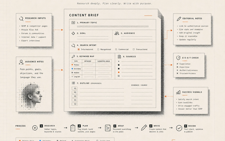 Cover infographic showing a source-backed SEO brief assembled from topic, audience, sources, keywords, and outline.