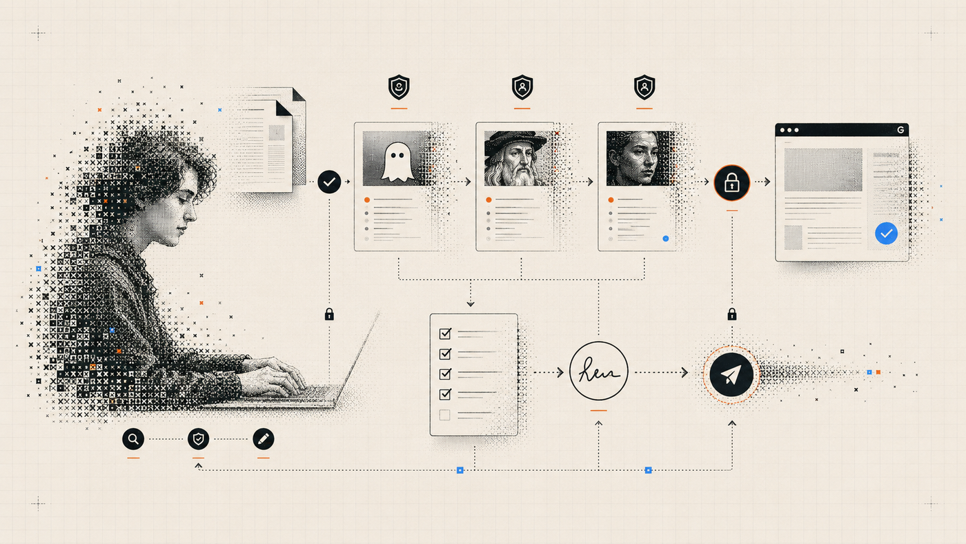 Editorial workflow showing an operator reviewing AI-generated content and authorizing controlled publication.